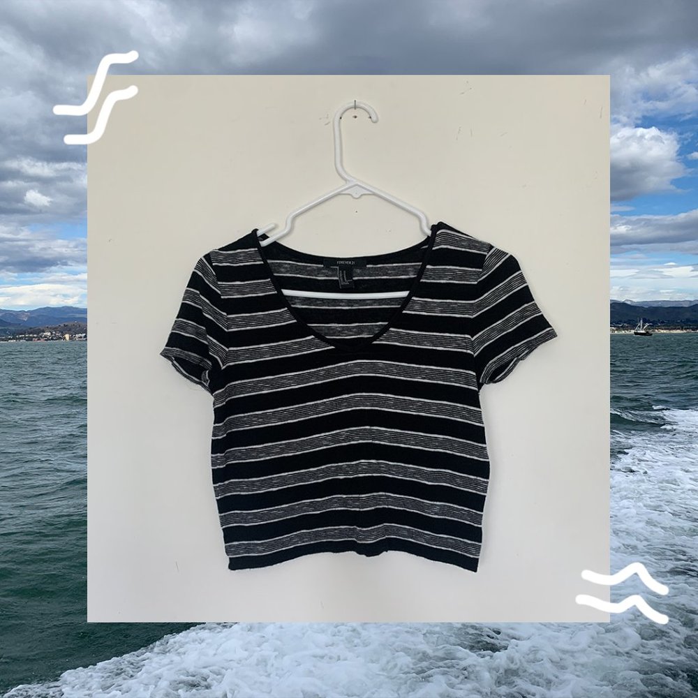 Black and White Striped V-Neck Crop Top